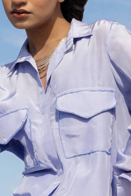 Meher By Islie_Blue Crepe Beads Patch Pocket Shirt With Pant _Online_at_Aza_Fashions