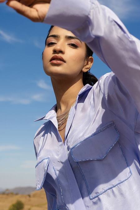 Buy_Meher By Islie_Blue Crepe Beads Patch Pocket Shirt With Pant _Online_at_Aza_Fashions