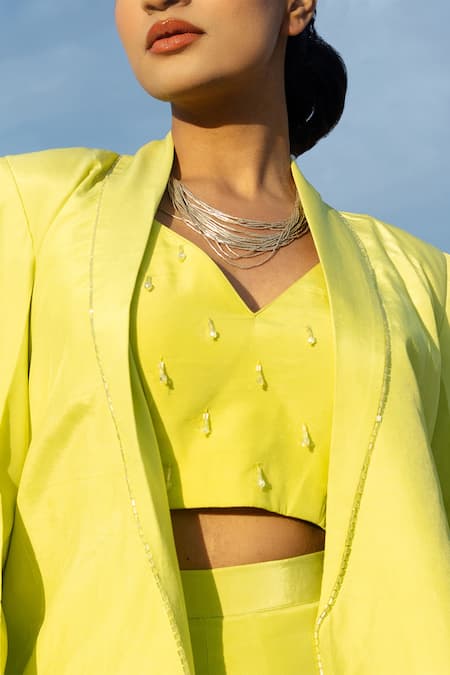 Meher By Islie Green Crepe Beads Sweetheart Neck, Shawl Boss Lady Embellished Jacket Pant Set Online at Aza Fashions Meher By Islie_Green Crepe Beads Sweetheart Neck, Shawl Boss Lady Embellished Jacket Pant Set _Online_at_Aza_Fashions