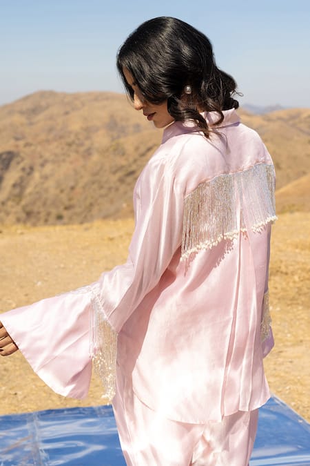 Shop Meher By Islie Pink Silk Beads Shawl Neck Cuff Tassel Embellished Shirt With Pant at Aza Fashions Shop_Meher By Islie_Pink Silk Beads Shawl Neck Cuff Tassel Embellished Shirt With Pant _at_Aza_Fashions