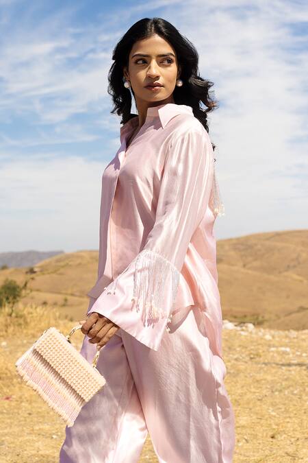 Meher By Islie Pink Silk Beads Shawl Neck Cuff Tassel Embellished Shirt With Pant Online at Aza Fashions Meher By Islie_Pink Silk Beads Shawl Neck Cuff Tassel Embellished Shirt With Pant _Online_at_Aza_Fashions