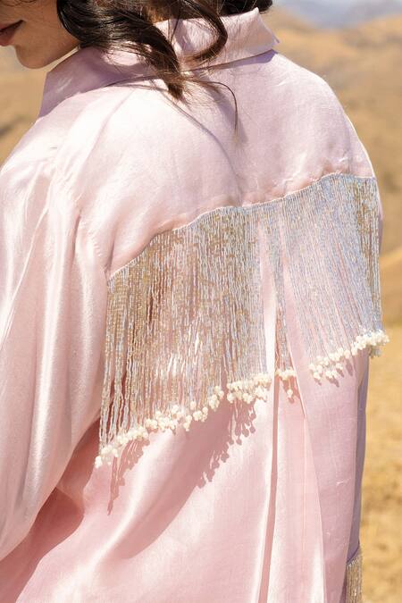 Shop Meher By Islie Pink Silk Beads Shawl Neck Cuff Tassel Embellished Shirt With Pant Online at Aza Fashions Shop_Meher By Islie_Pink Silk Beads Shawl Neck Cuff Tassel Embellished Shirt With Pant _Online_at_Aza_Fashions
