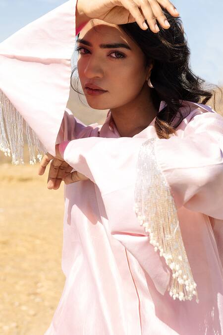 Meher By Islie Pink Silk Beads Shawl Neck Cuff Tassel Embellished Shirt With Pant at Aza Fashions Meher By Islie_Pink Silk Beads Shawl Neck Cuff Tassel Embellished Shirt With Pant _at_Aza_Fashions