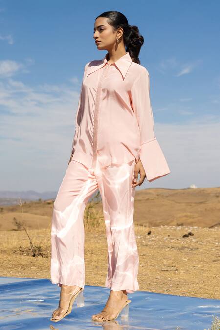 Shop Meher By Islie Peach Crepe Beads Shawl Neck Embellished Shirt With Pant at Aza Fashions Shop_Meher By Islie_Peach Crepe Beads Shawl Neck Embellished Shirt With Pant _at_Aza_Fashions