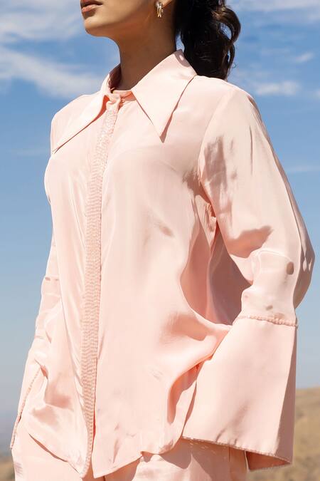 Meher By Islie Peach Crepe Beads Shawl Neck Embellished Shirt With Pant Online at Aza Fashions Meher By Islie_Peach Crepe Beads Shawl Neck Embellished Shirt With Pant _Online_at_Aza_Fashions
