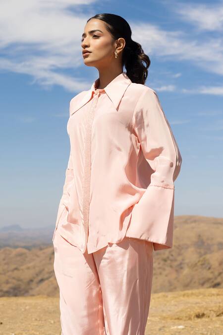 Buy Meher By Islie Peach Crepe Beads Shawl Neck Embellished Shirt With Pant Online at Aza Fashions Buy_Meher By Islie_Peach Crepe Beads Shawl Neck Embellished Shirt With Pant _Online_at_Aza_Fashions