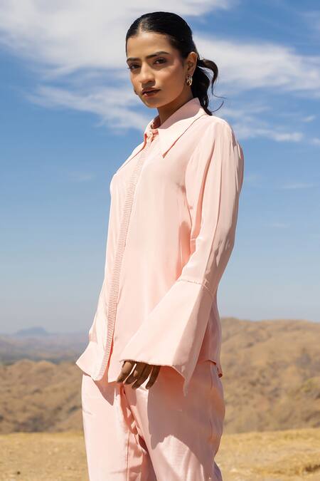 Shop Meher By Islie Peach Crepe Beads Shawl Neck Embellished Shirt With Pant Online at Aza Fashions Shop_Meher By Islie_Peach Crepe Beads Shawl Neck Embellished Shirt With Pant _Online_at_Aza_Fashions