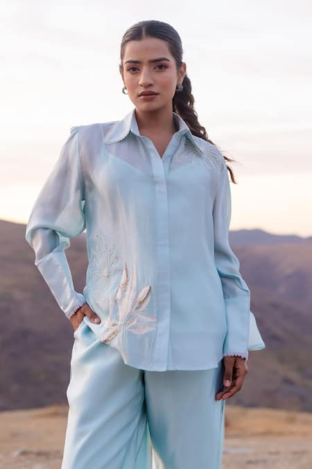 Shop Meher By Islie Blue Crepe Beads Shawl Neck Floraltina Embellished Shirt With Pant at Aza Fashions Shop_Meher By Islie_Blue Crepe Beads Shawl Neck Floraltina Embellished Shirt With Pant _at_Aza_Fashions