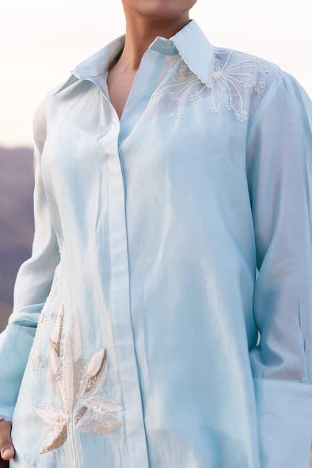 Meher By Islie Blue Crepe Beads Shawl Neck Floraltina Embellished Shirt With Pant Online at Aza Fashions Meher By Islie_Blue Crepe Beads Shawl Neck Floraltina Embellished Shirt With Pant _Online_at_Aza_Fashions