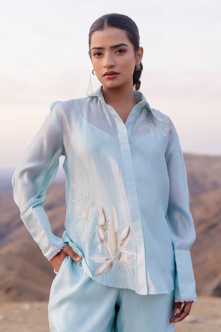 Buy Meher By Islie Blue Crepe Beads Shawl Neck Floraltina Embellished Shirt With Pant Online at Aza Fashions Buy_Meher By Islie_Blue Crepe Beads Shawl Neck Floraltina Embellished Shirt With Pant _Online_at_Aza_Fashions