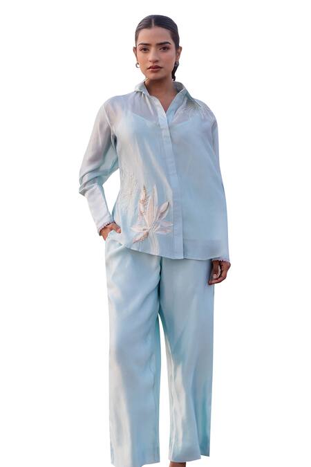 Shop Meher By Islie Blue Crepe Beads Shawl Neck Floraltina Embellished Shirt With Pant Online at Aza Fashions Shop_Meher By Islie_Blue Crepe Beads Shawl Neck Floraltina Embellished Shirt With Pant _Online_at_Aza_Fashions