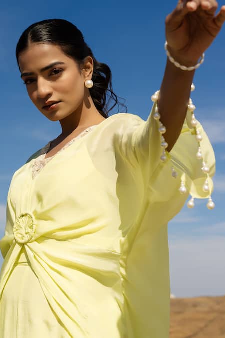 Shop Meher By Islie Green Crepe Pearls V-neck French Knot Moti Ring Kurta With Pant Online at Aza Fashions Shop_Meher By Islie_Green Crepe Pearls V-neck French Knot Moti Ring Kurta With Pant _Online_at_Aza_Fashions