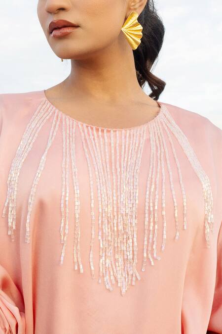 Meher By Islie_Peach Crepe Beads Round Neck Jazzy Tassel Embellished Kaftan _Online_at_Aza_Fashions