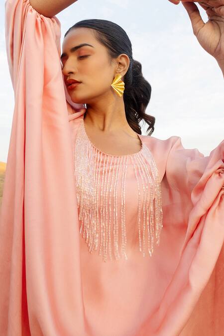 Buy Meher By Islie Peach Crepe Beads Round Neck Jazzy Tassel Embellished Kaftan Online at Aza Fashions Buy_Meher By Islie_Peach Crepe Beads Round Neck Jazzy Tassel Embellished Kaftan _Online_at_Aza_Fashions