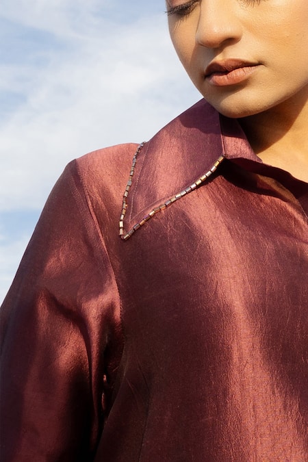 Meher By Islie Maroon Kota Doria Beads Shawl Neck Embellished Shirt Dress Online at Aza Fashions Meher By Islie_Maroon Kota Doria Beads Shawl Neck Embellished Shirt Dress _Online_at_Aza_Fashions