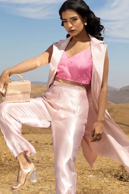 Shop Meher By Islie Pink Kota Doria, Crepe Beads Misa Solid Jacket Set With Embellished Bustier at Aza Fashions Shop_Meher By Islie_Pink Kota Doria, Crepe Beads Misa Solid Jacket Set With Embellished Bustier _at_Aza_Fashions