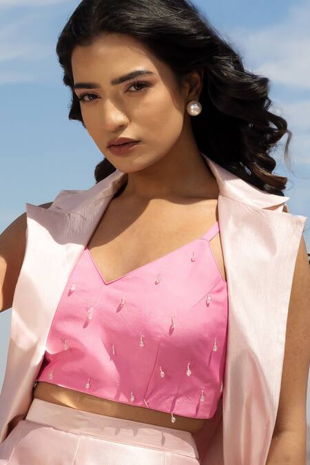 Meher By Islie Pink Kota Doria, Crepe Beads Misa Solid Jacket Set With Embellished Bustier Online at Aza Fashions Meher By Islie_Pink Kota Doria, Crepe Beads Misa Solid Jacket Set With Embellished Bustier _Online_at_Aza_Fashions