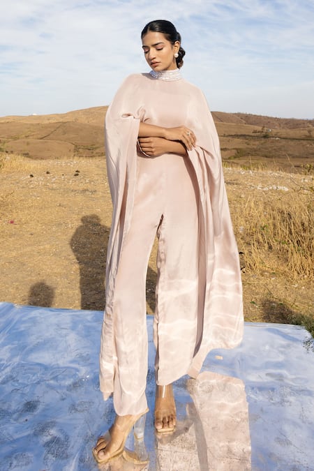 Shop Meher By Islie Ivory Crepe Pearl Choker Embellished Cape With Pant at Aza Fashions Shop_Meher By Islie_Ivory Crepe Pearl Choker Embellished Cape With Pant _at_Aza_Fashions