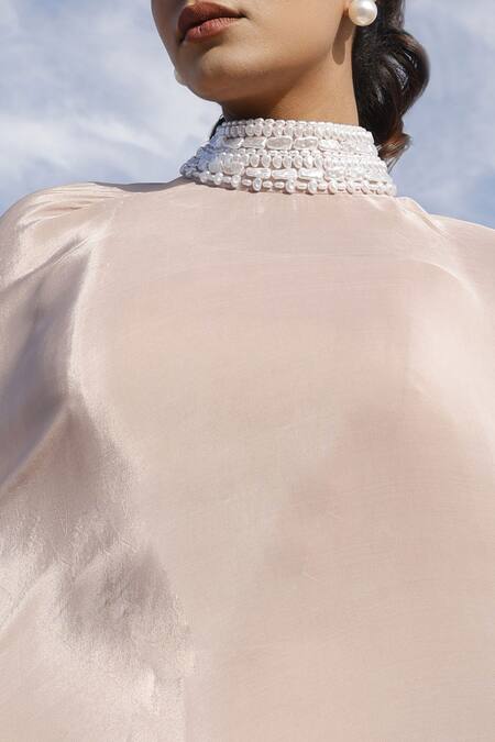 Buy_Meher By Islie_Ivory Crepe Pearl Choker Embellished Cape With Pant _Online_at_Aza_Fashions
