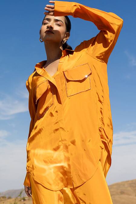 Meher By Islie Orange Crepe Beads Embellished Shirt With Pockets Online at Aza Fashions Meher By Islie_Orange Crepe Beads Embellished Shirt With Pockets _Online_at_Aza_Fashions
