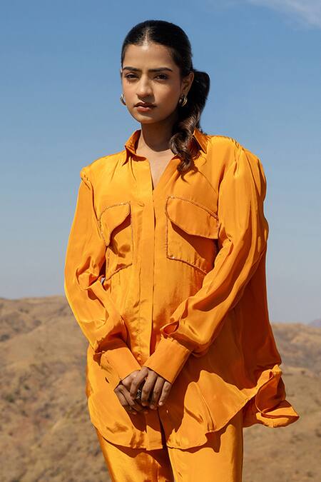 Shop Meher By Islie Orange Crepe Beads Embellished Shirt With Pockets Online at Aza Fashions Shop_Meher By Islie_Orange Crepe Beads Embellished Shirt With Pockets _Online_at_Aza_Fashions