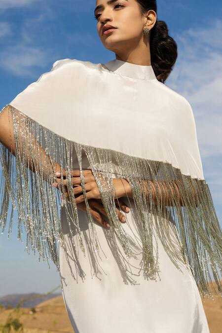 Meher By Islie_Grey Crepe Beads Bandeau Neck Veronica Tassel Cape With Dress _Online_at_Aza_Fashions