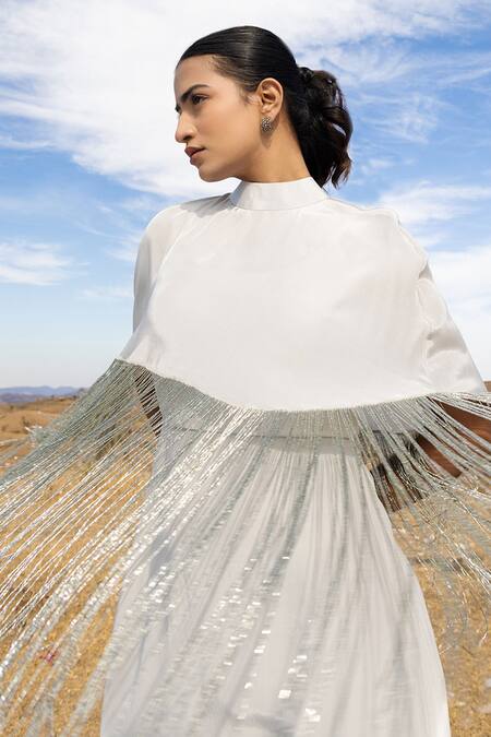 Buy_Meher By Islie_Grey Crepe Beads Bandeau Neck Veronica Tassel Cape With Dress _Online_at_Aza_Fashions