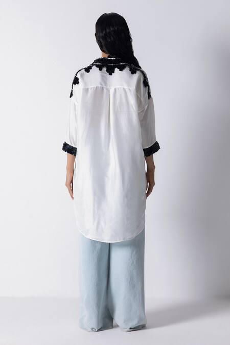 Shop 431-88 By Shweta Kapur White Silk Sequins Collared Bee Placed Embellished Shirt at Aza Fashions Shop_431-88 By Shweta Kapur_White Silk Sequins Collared Bee Placed Embellished Shirt_at_Aza_Fashions