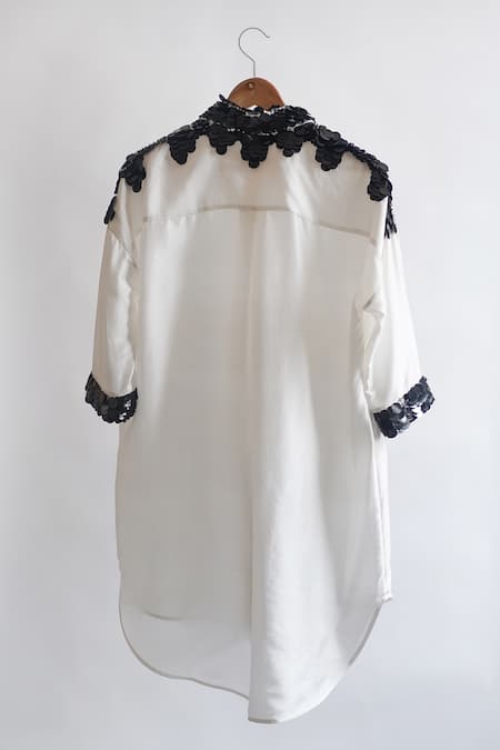 Shop_431-88 By Shweta Kapur_White Silk Sequins Collared Bee Placed Embellished Shirt_Online_at_Aza_Fashions