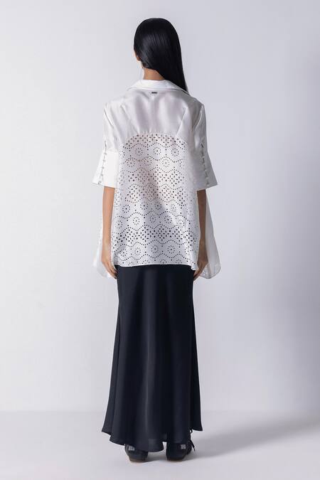 Shop 431-88 By Shweta Kapur White Silk Cut Work Collared Godet Panel Shirt at Aza Fashions Shop_431-88 By Shweta Kapur_White Silk Cut Work Collared Godet Panel Shirt_at_Aza_Fashions