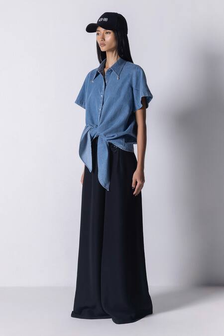 431-88 By Shweta Kapur_Blue Denim Embroidery Shawl Neck Ak Front Tie Shirt_Online_at_Aza_Fashions