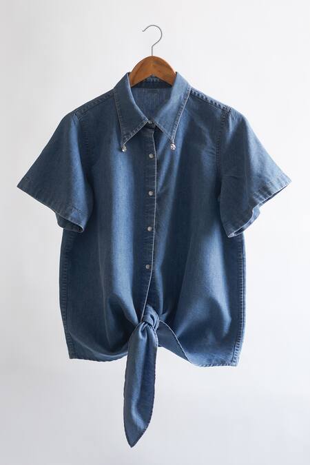 Buy_431-88 By Shweta Kapur_Blue Denim Embroidery Shawl Neck Ak Front Tie Shirt_Online_at_Aza_Fashions