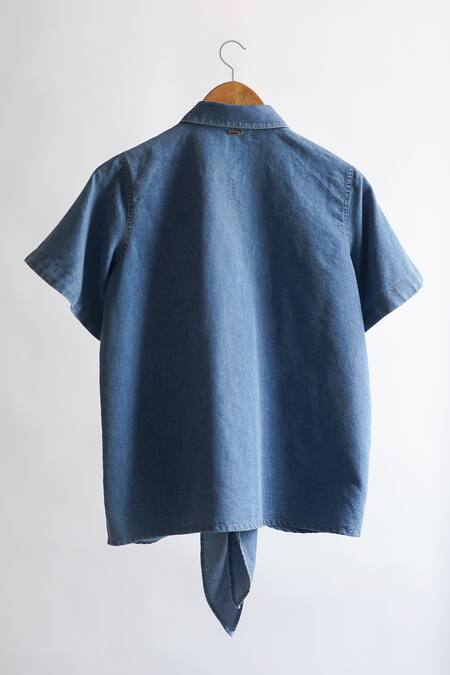 Shop_431-88 By Shweta Kapur_Blue Denim Embroidery Shawl Neck Ak Front Tie Shirt_Online_at_Aza_Fashions
