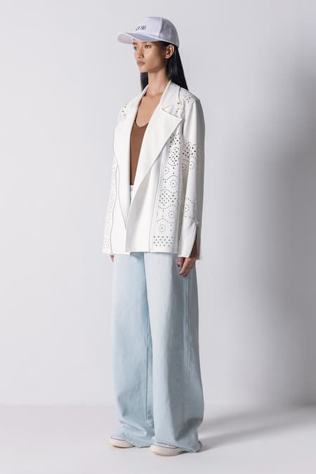 431-88 By Shweta Kapur_White Cut Work Collared Boston Biker Jacket_Online_at_Aza_Fashions