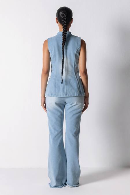 Shop 431-88 By Shweta Kapur Blue Denim High Neck Solid Peplum Jacket at Aza Fashions Shop_431-88 By Shweta Kapur_Blue Denim High Neck Solid Peplum Jacket_at_Aza_Fashions