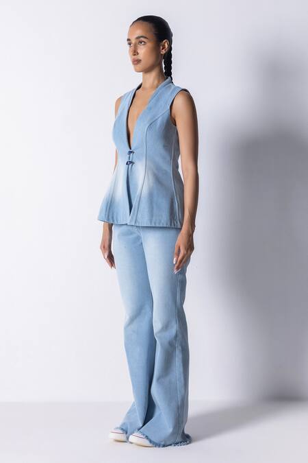 431-88 By Shweta Kapur Blue Denim High Neck Solid Peplum Jacket Online at Aza Fashions 431-88 By Shweta Kapur_Blue Denim High Neck Solid Peplum Jacket_Online_at_Aza_Fashions