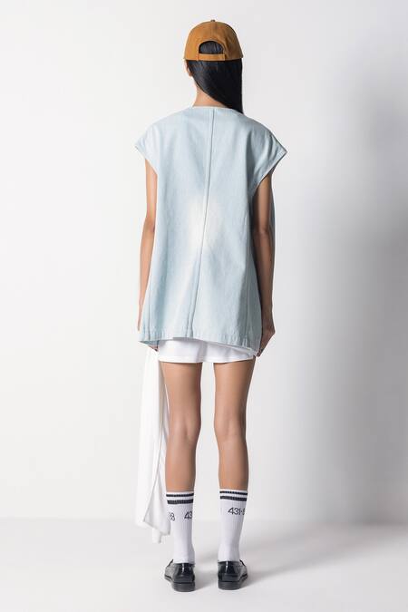 Shop 431-88 By Shweta Kapur Blue Denim Open Neck Solid Waistcoat at Aza Fashions Shop_431-88 By Shweta Kapur_Blue Denim Open Neck Solid Waistcoat_at_Aza_Fashions