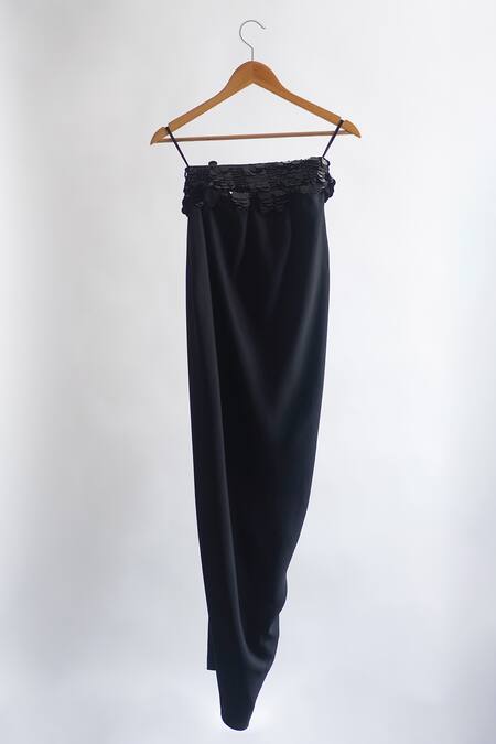 Shop_431-88 By Shweta Kapur_Black Microfiber Sequins Wave Embellished Draped Skirt_Online_at_Aza_Fashions