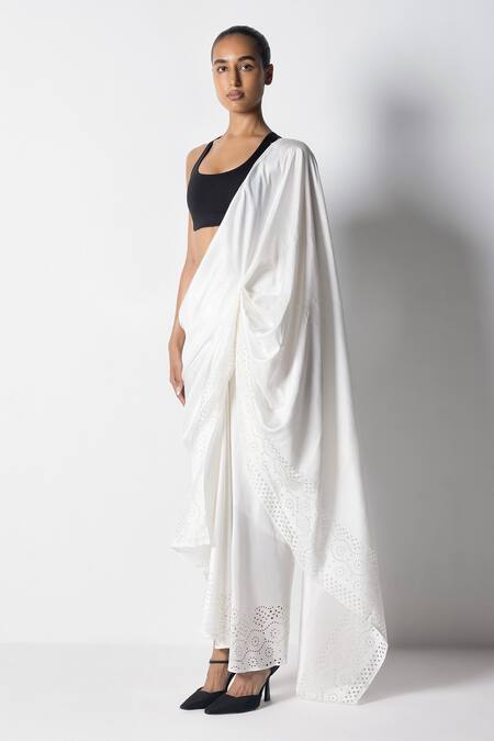 431-88 By Shweta Kapur_White Silk Cut Work Godet Sari_Online_at_Aza_Fashions