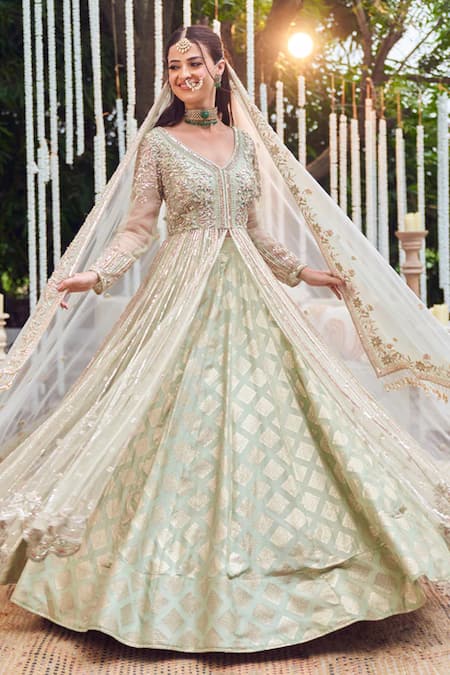 Buy_Swish By Dolcy And Simran_Green Organza, Brocade Maharani Ambrosia Embroidered Jacket Kurta Lehenga Set _Online_at_Aza_Fashions