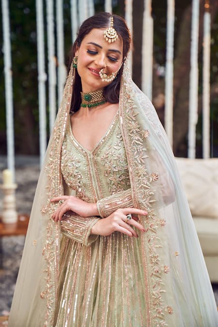 Swish By Dolcy And Simran_Green Organza, Brocade Maharani Ambrosia Embroidered Jacket Kurta Lehenga Set _at_Aza_Fashions