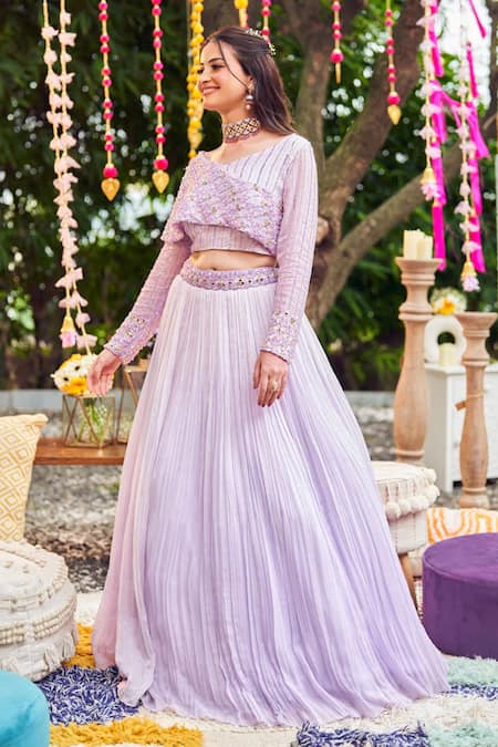 Shop Swish By Dolcy And Simran Purple Organza Sequins, Cut Work Asymmetric Orchid Pleated Lehenga With Blouse at Aza Fashions Shop_Swish By Dolcy And Simran_Purple Organza Sequins, Cut Work Asymmetric Orchid Pleated Lehenga With Blouse _at_Aza_Fashions