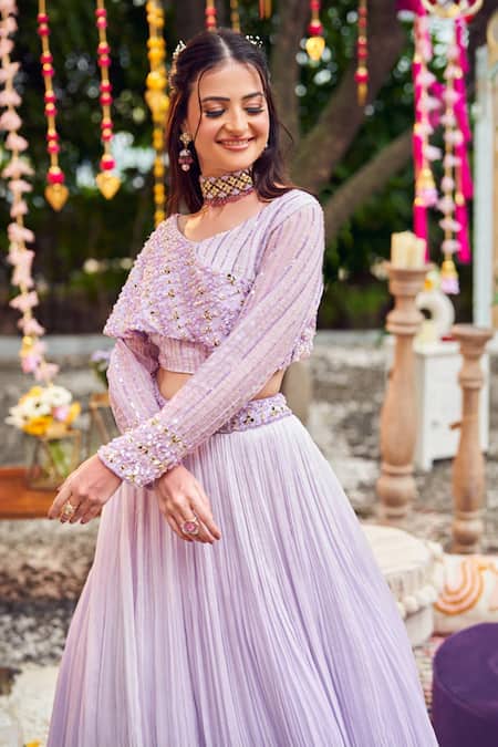 Swish By Dolcy And Simran Purple Organza Sequins, Cut Work Asymmetric Orchid Pleated Lehenga With Blouse Online at Aza Fashions Swish By Dolcy And Simran_Purple Organza Sequins, Cut Work Asymmetric Orchid Pleated Lehenga With Blouse _Online_at_Aza_Fashions