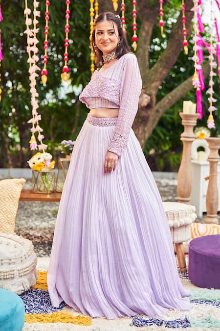 Buy Swish By Dolcy And Simran Purple Organza Sequins, Cut Work Asymmetric Orchid Pleated Lehenga With Blouse Online at Aza Fashions Buy_Swish By Dolcy And Simran_Purple Organza Sequins, Cut Work Asymmetric Orchid Pleated Lehenga With Blouse _Online_at_Aza_Fashions
