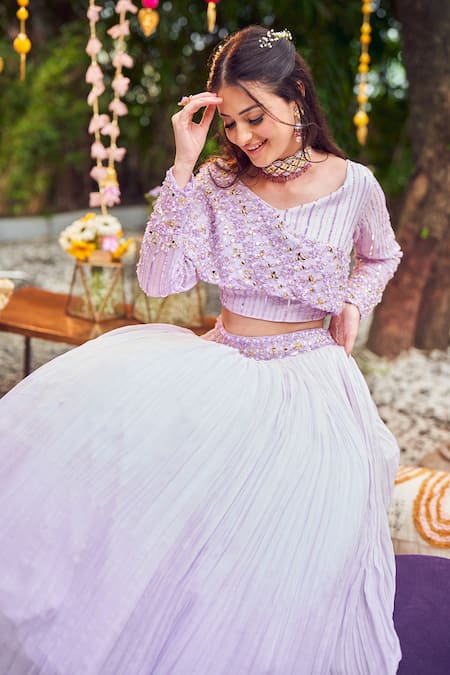 Shop Swish By Dolcy And Simran Purple Organza Sequins, Cut Work Asymmetric Orchid Pleated Lehenga With Blouse Online at Aza Fashions Shop_Swish By Dolcy And Simran_Purple Organza Sequins, Cut Work Asymmetric Orchid Pleated Lehenga With Blouse _Online_at_Aza_Fashions