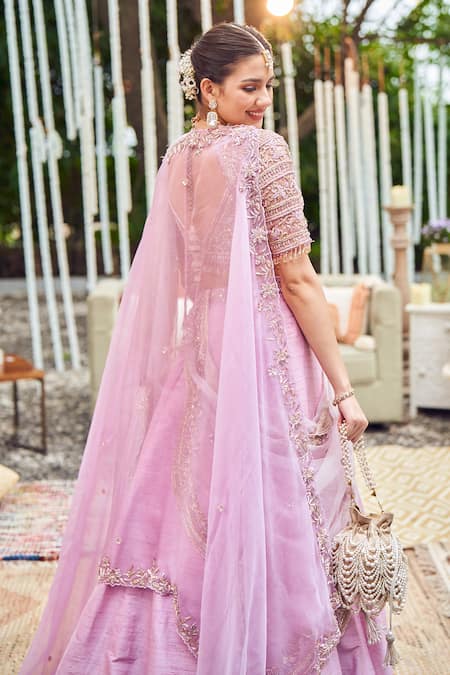 Shop_Swish By Dolcy And Simran_Purple Silk, Organza Sequins, Lullaby Bloom Embroidered Waistband Lehenga Set _at_Aza_Fashions