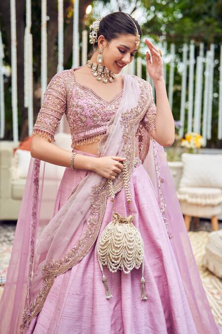 Buy_Swish By Dolcy And Simran_Purple Silk, Organza Sequins, Lullaby Bloom Embroidered Waistband Lehenga Set _Online_at_Aza_Fashions