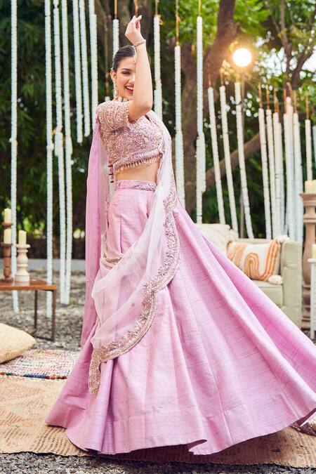 Shop_Swish By Dolcy And Simran_Purple Silk, Organza Sequins, Lullaby Bloom Embroidered Waistband Lehenga Set _Online_at_Aza_Fashions