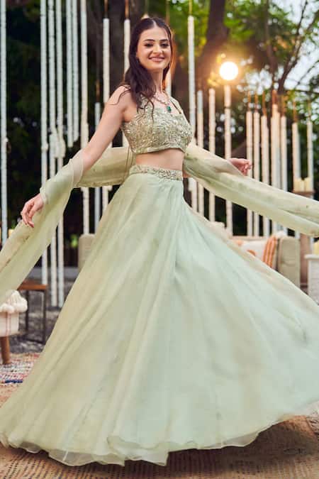 Shop_Swish By Dolcy And Simran_Green Organza, Linen Pearls, Lush Flora Bloom Embroidered Waistband Lehenga Set _at_Aza_Fashions