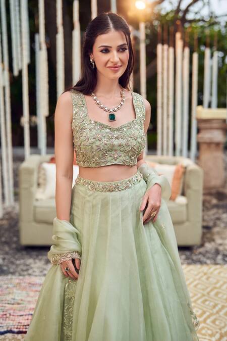 Buy_Swish By Dolcy And Simran_Green Organza, Linen Pearls, Lush Flora Bloom Embroidered Waistband Lehenga Set _Online_at_Aza_Fashions